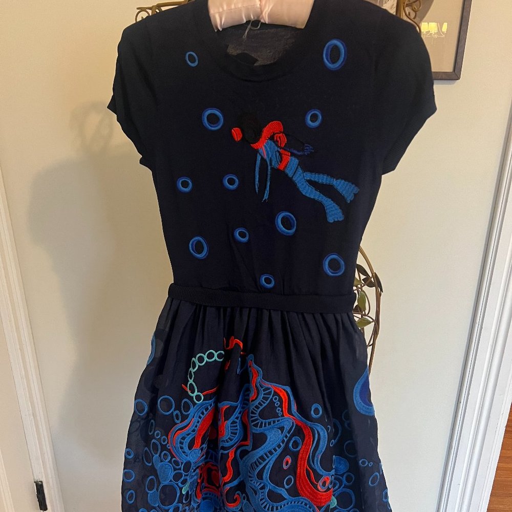 Fit n Flare Mini Dress. Unique. Embroidered underwater mermaid nautical motif.